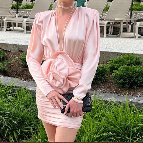 Magda Butrym pink silk long sleeve flower mini dress - Picture 2 of 8